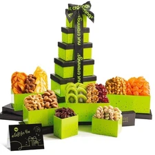 Cravings Gourmet Fruit & Nut Gift Basket Green Tower 12 Piece Assorted Snack Set