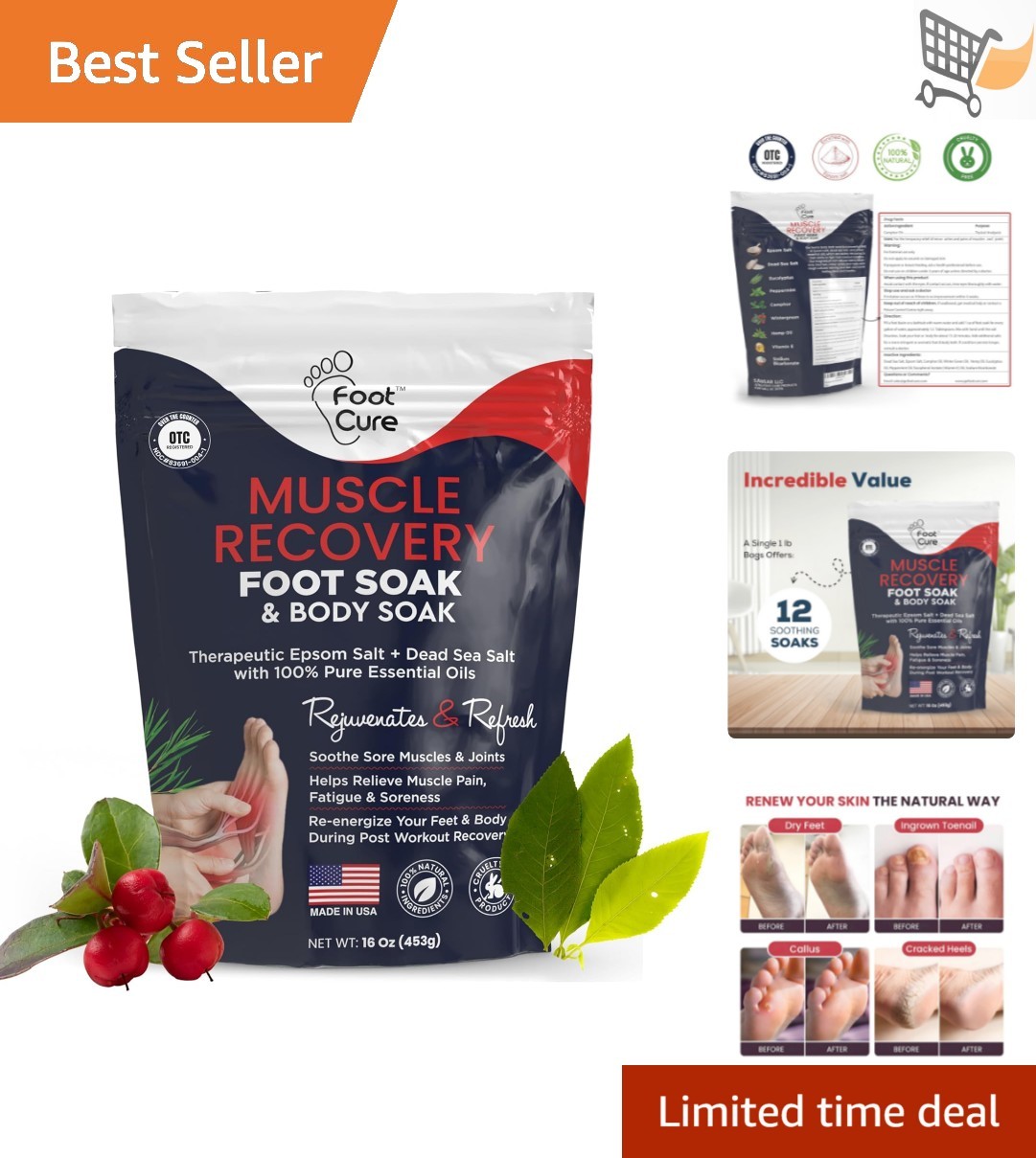 Foot Soak Epsom Salts All-Natural Relaxing Spa Pedicure 16 oz