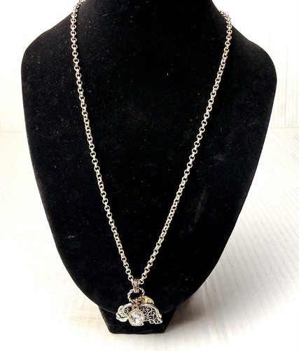 Vintage RMN Filigree Lucky Pendant Necklace Rhinestone Silver Tone Bohemian