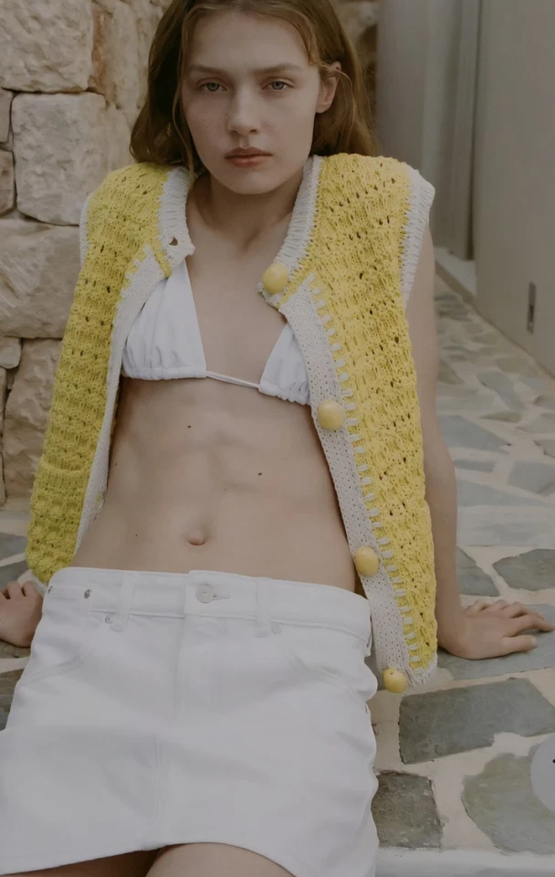 Zara Large Button Knit Vest Top, Yellow/White Size L - Image 4 of 4