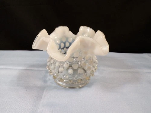 Fenton French Opalescent Hobnail Glass Small Rose Bowl Vase 2 7/8" Tall INV6
