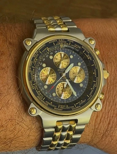 Vintage PULSAR by SEIKO World Timer 41mm Two Tone Quartz Watch