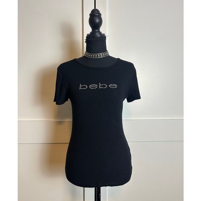 BEBE Black Ribbed Knit Rhinestone Y2K Bling Top Size M