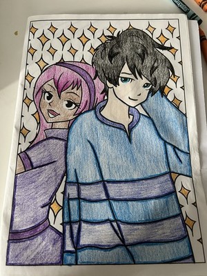 Anime Style Colored Pencil Drawing Two Figures Original Art Contemporary