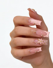 24 St&uuml;ck Press on Nails Lang,Aufkleben French Press on Nails Square,3D Blumen Un