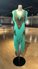 Teal Green Nude Latin Rhythm Ballroom Dress With Gold Accents And Teal Fringe
