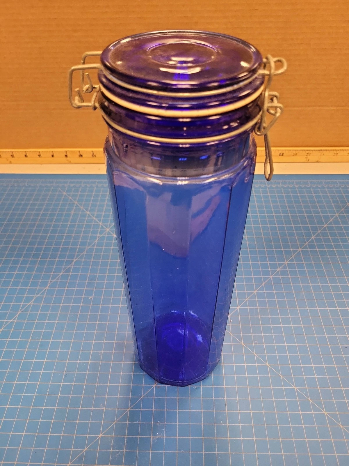 Cobalt Blue Glass Jar Tall Faceted Hermetic Wire Bale Clamp Lid Canister 12 inch