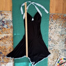 Vintage 90s taboo black dress W/ Blue Satin Trim Asymmetrical Hem Sz M USA Made