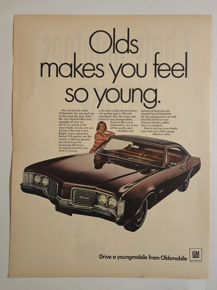 Oldsmobile Delmont 88 1968 anuncio impreso 10,5x13,5" Olds te hace sentir tan joven Foto 2 de 3