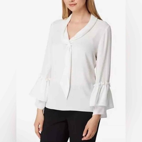 NWT Tahari ASL Tie Neck Ruffle Sleeve Blouse Top White Size PM Petite Medium - Picture 2 of 11