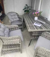 Garden Dining Set Large Wicker Rattan Furniture Patio Cushion Chairs Glass Table