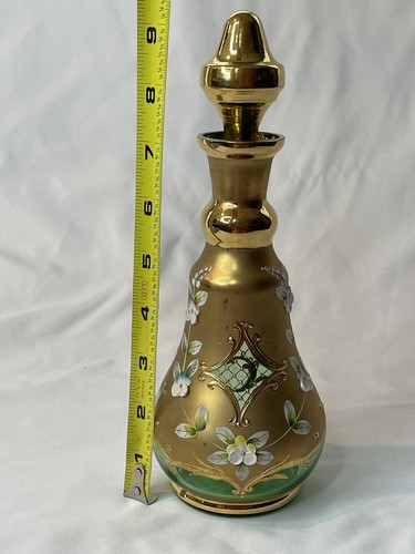 Vintage JFS Genuine Bohemia Green Glass & Gold Hand painted Decanter & Stopper - Picture 6 of 24