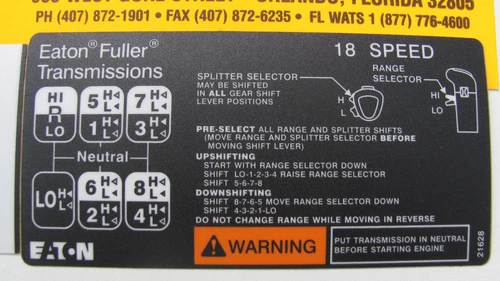 18 Speed Eaton Fuller Transmission Shift Pattern 21628