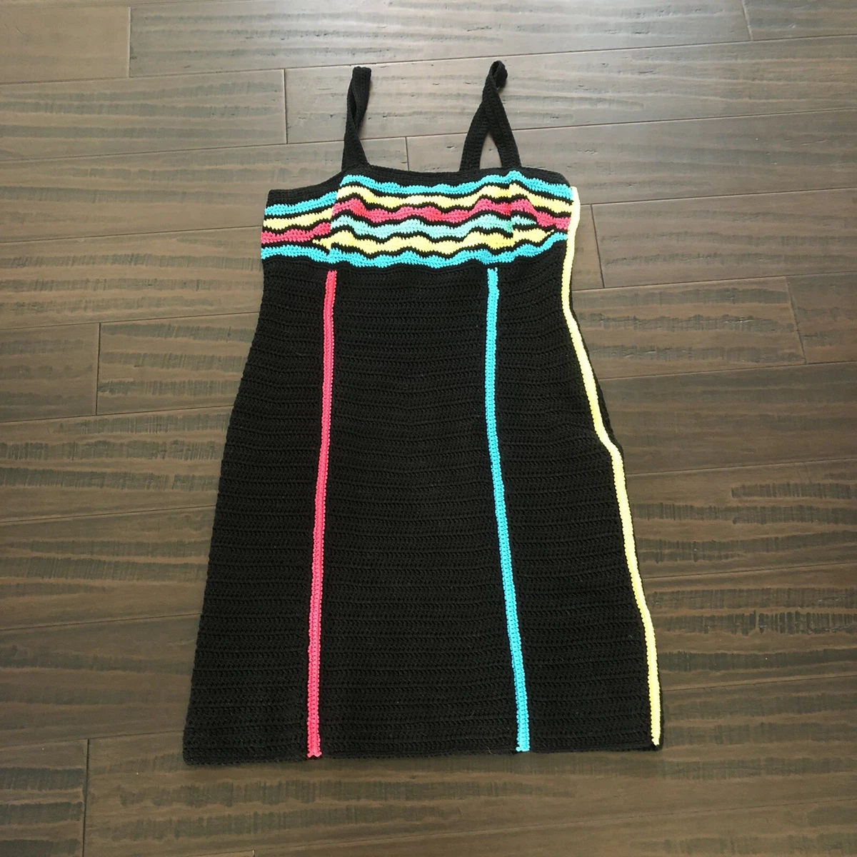 Vintage Hand Crochet Knit Dress Neon Rainbow Bodycon Blue Yellow Pink  Striped