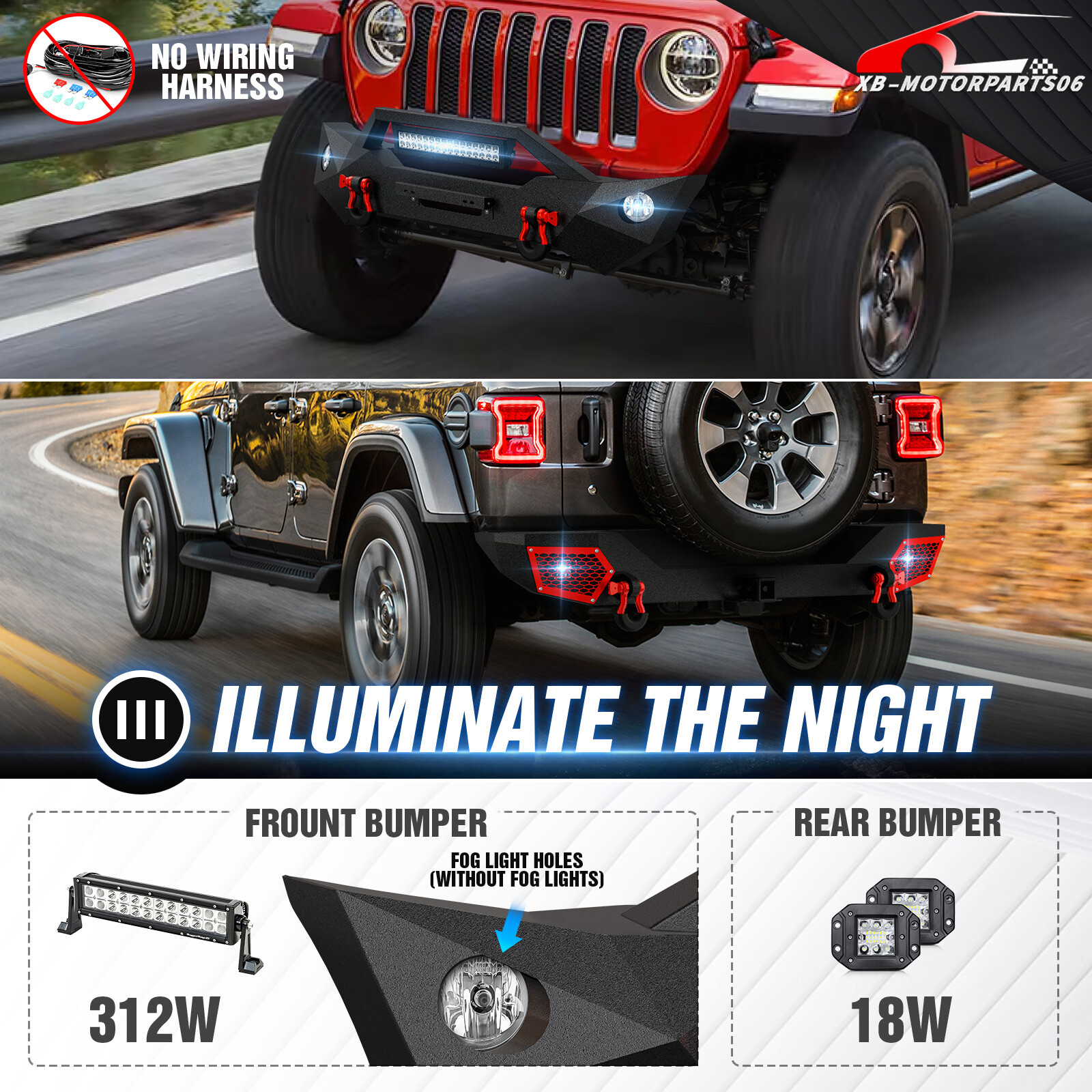 Rear /Front Bumper W/ LED Lights For 18-2023 2024 Jeep Wrangler JL JLU Unlimited