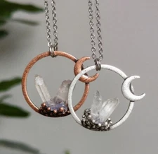 Alloy crescent moon necklace with genuine quartz crystals