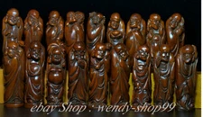 7" Old China Boxwood Wood Carving 18 Arhat Lohan disciples Buddha statue set