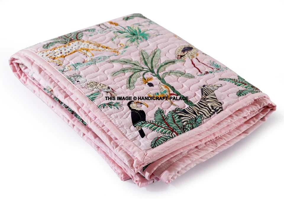 Manta de algodón puro estampada de leopardo Kantha india acolchada tamaño doble edredón Foto 4 de 4