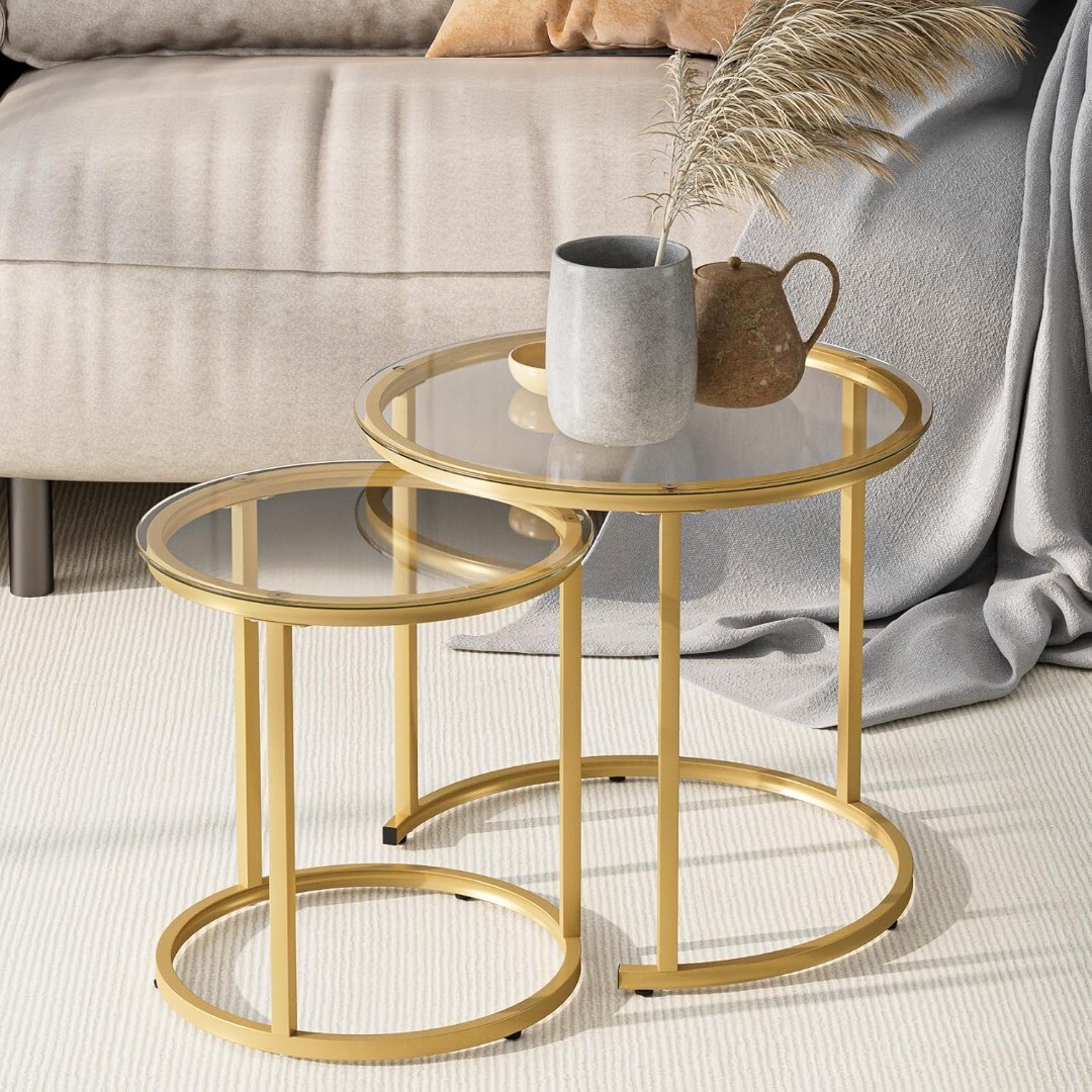 Yaheetech Round Nesting Coffee Tables Set of 2, Glass Top Side Table ...