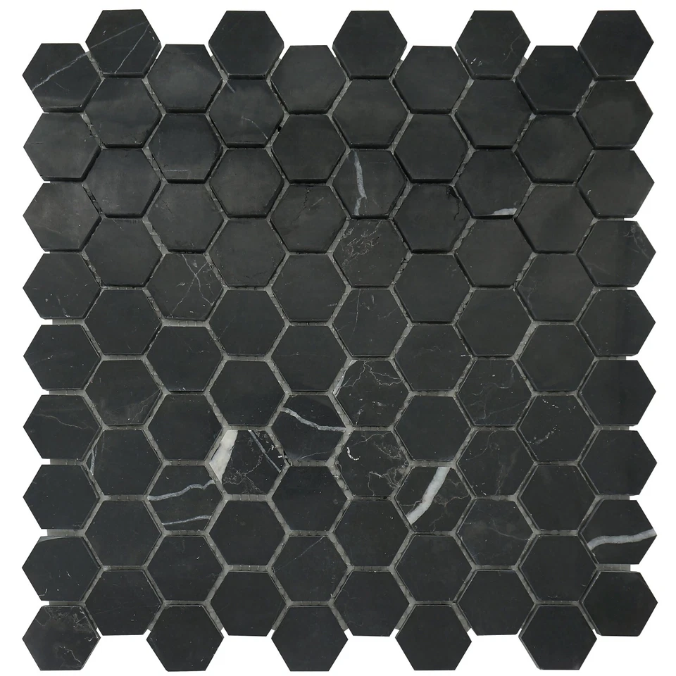 Hoja de azulejos de mosaico hexágono negro mármol marquina para paredes pisos baños cocina Foto 3 de 4