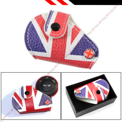 FOR 2008-18 MINI COOPER BLUE RED UNION JACK UK FLAG LEATHER KEY FOB HOLDER POUCH