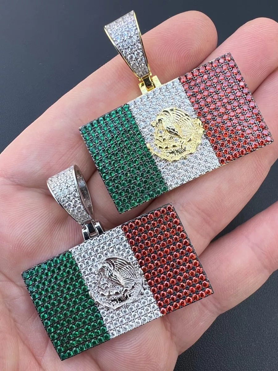 Mexico Necklace 925 Silver Gold Plated Mexican Flag Pendant Chain CZ  Necklace