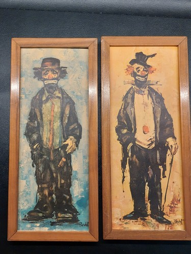 Lot of 2 Vintage 1960s Folk Art Bardot Hobo Clown Circus Painting Carnival MCM