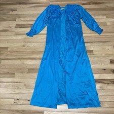 Miss Elaine Blue Satin Button Up Long Robe W/ Pockets Antron Nylon USA Sz Small