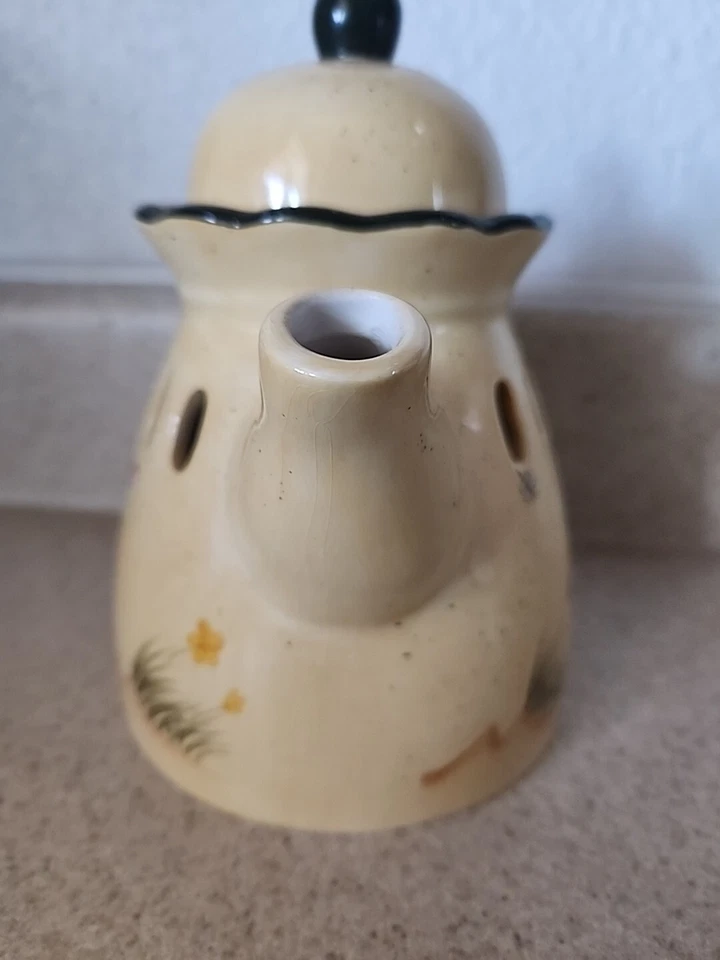 Tetera a la sombra de velas con pájaros azules y flores de interiores de casas en Texas Foto 3 de 4