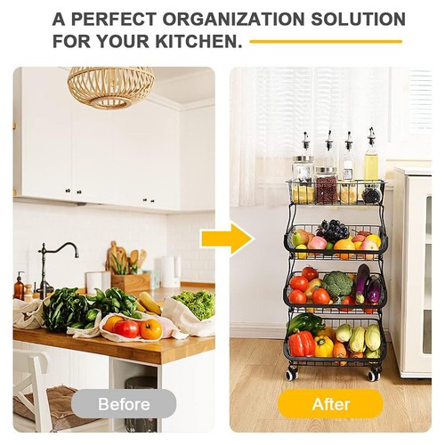 STORAGE STACKING WIRE BASKET STACKABLE SHELVES VEGETABLE FOOD KITCHEN RACK WHEEL - Picture 19 of 43