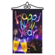 Garden Flag Happy New Year Fireworks and Champagne 12x18IN  Hanger Printed Poly