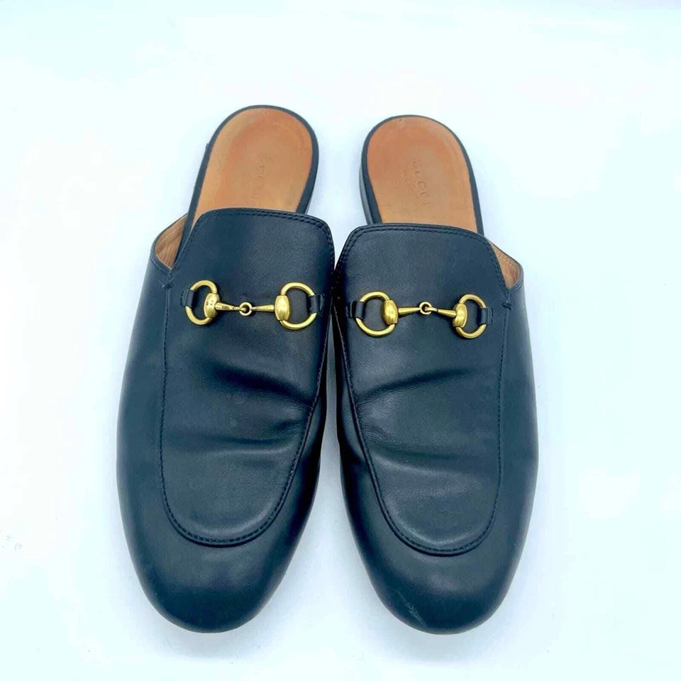 Gucci Mocasín Mula Princetown Cuero Negro Pisos con Detalles Horsebit 41