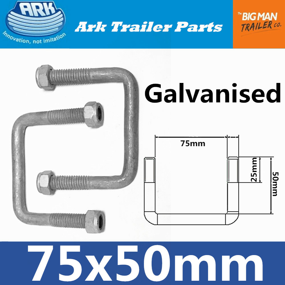 2x ARK Trailer Jockey Wheel U Bolts Galvanised 75mm Draw Bar 50mm Wide
