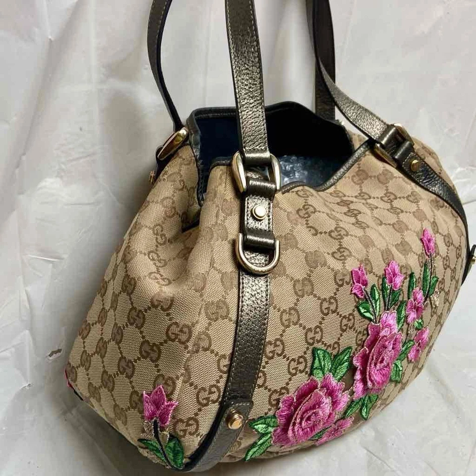 Bolso de Mano Vintage Gucci, Lona Recubierta Beige Mono Rosa Floral Foto 2 de 4