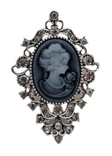 Vintage Victorian Style Cameo Brooch Pin Silver-Tone Ornate Rhinestone