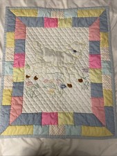 Baby Quilt Pink White Blue Yellow Hand Quilted Embroidered Animal Lamb 34x28  
