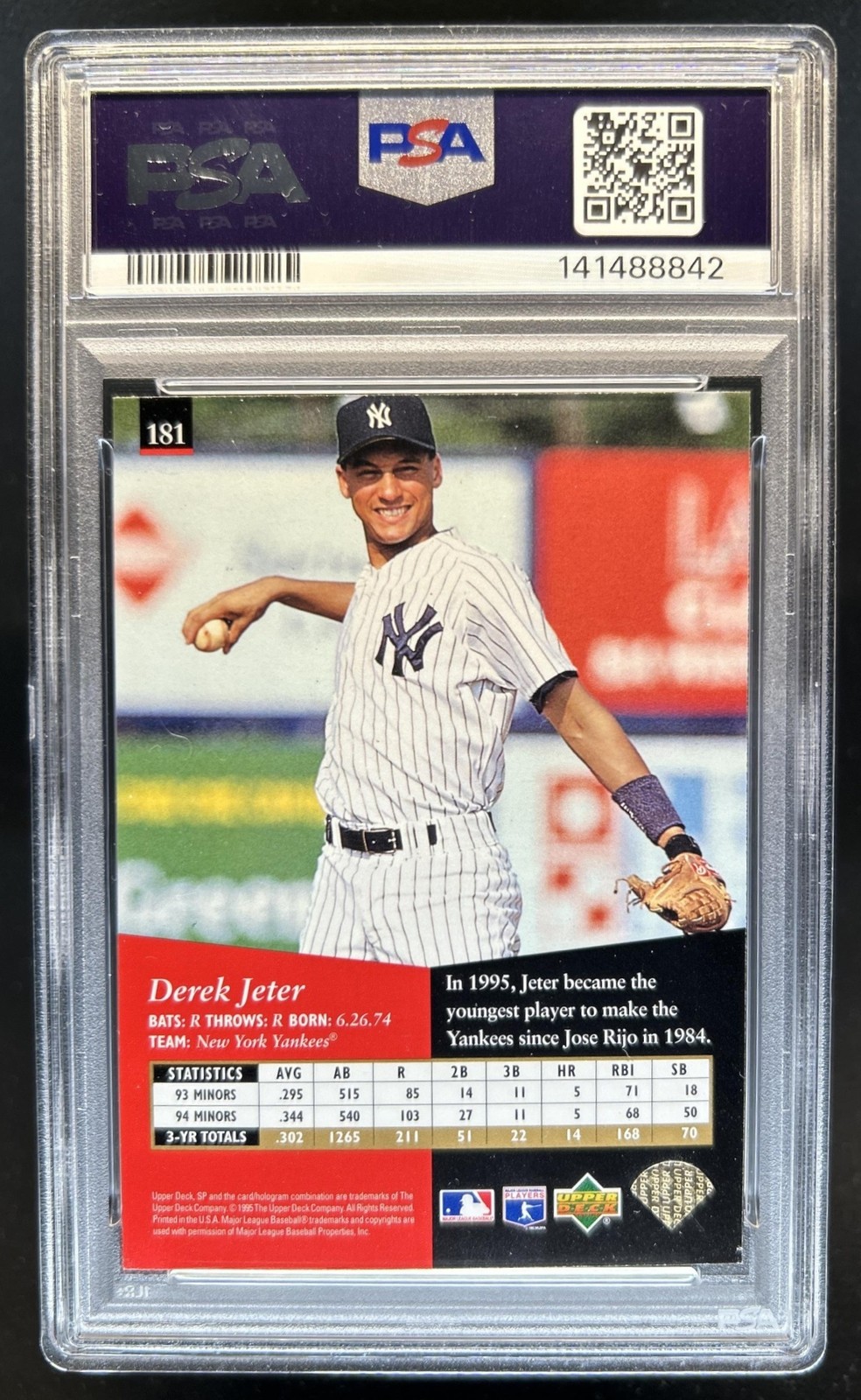 1995 SP Derek Jeter Rookie RC #181 New York Yankees PSA 8 view 2
