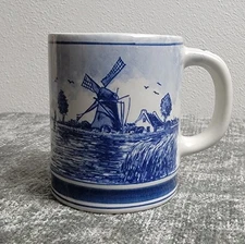 Vintage Delft Blauw Holland Hand Painted Blue Windmill Cottage Flower Mug 