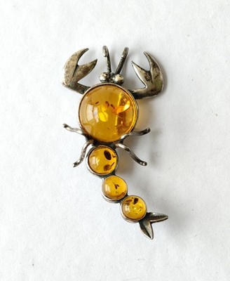 Skorpion Brosche Bernstein Sterling Silber ausgefallen Vintage Jelly Belly Handarbeit Pin