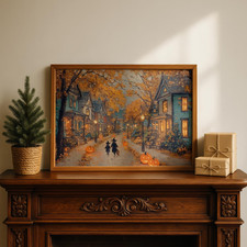 Vintage Halloween Witch Village Pumpkin Street Autumn Wall Art Poster
