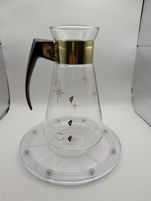 Corning atomic Star Burst 6 cup coffee pot carafe Mid Century clear brass gold