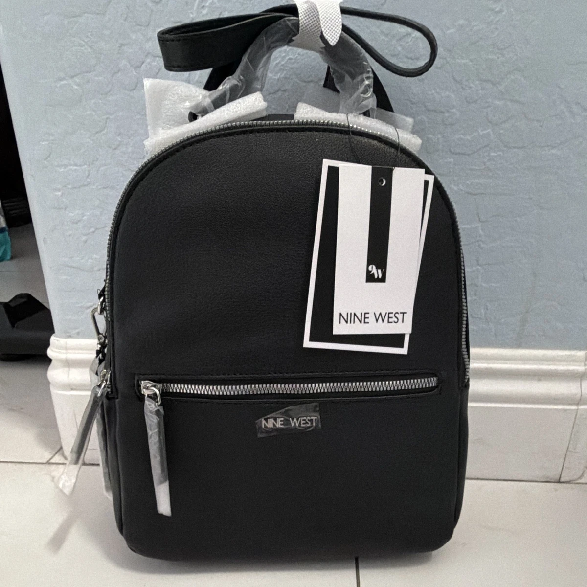 Nine West Black Faux Leather Flap Backpack Mini Front Zip Pocket Nine West Wander Mini Backpack Black Faux Leather Small  main image 4