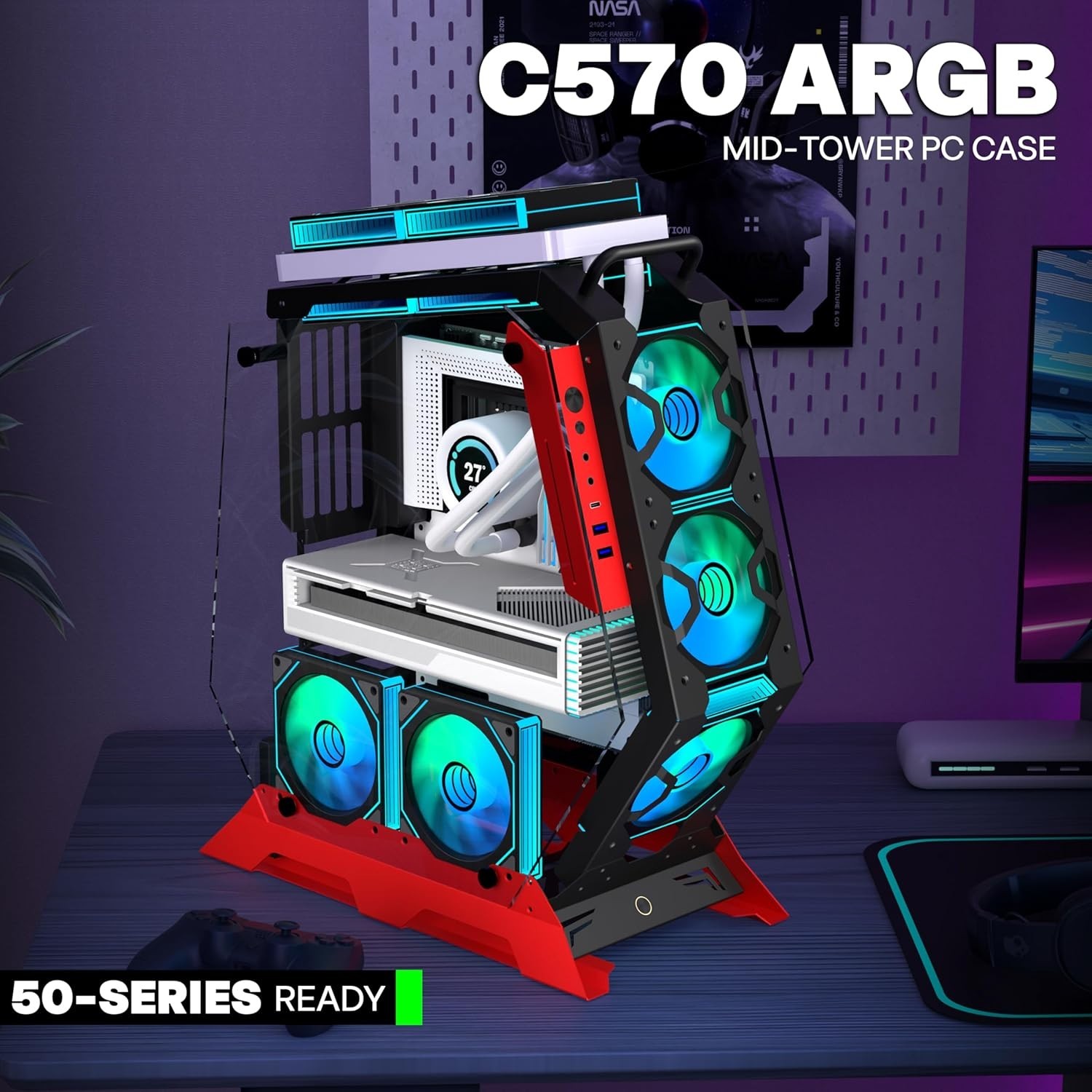 KEDIERS PC Case Red ATX Mid Tower Tempered Glass Gaming Computer 2