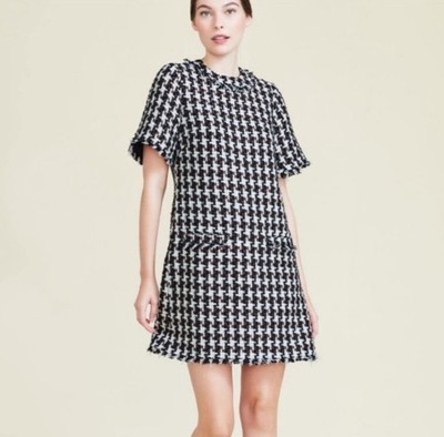 NEW $465 PEARL By LELA ROSE sparkle tweed short sleeve pocket fringe dress - S
