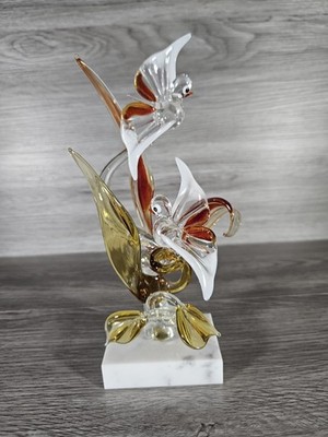 Vintage Beckhurst Kunst Glas Lampe Arbeit opak Bernstein Vögel auf Marmorsockel 