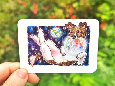ACEO ART PRINT dog laika moon space Artemis inspired 2.5 in x 3.5 in by ASV