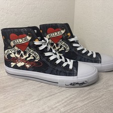 Ed Hardy Men s Black Heart Skull HI TOP shoes sneakers embroidered logo 10 NWOB
