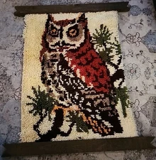 Vintage OWL LATCH HOOK TAPESTRY Yarn Rug Wall Hanging Art  70s 29.5 x 24.5 Frame