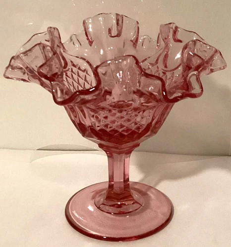 Fenton Pink Glass Open Compote Pedestal Candy Dish Ruffled Crimped Pineapple 5.5