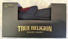 True Religion Men s Denim Slippers Large 11-12 Blue Red Logo New With Box